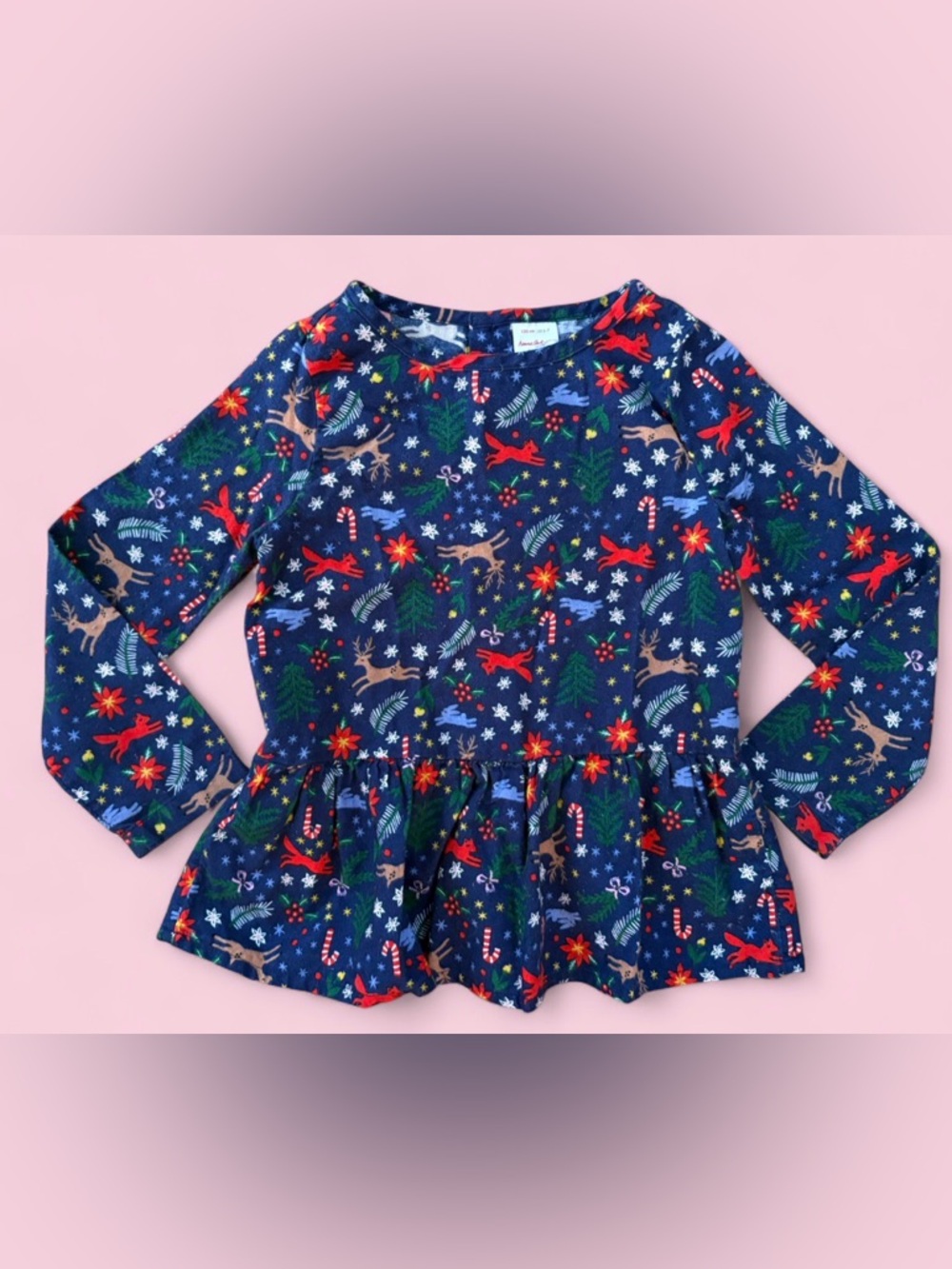 Hanna Andersson Flannelette Peplum Top in the Winter Wonderland on Navy Size 6/7